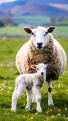 Sheep mother and lamb in grassy field