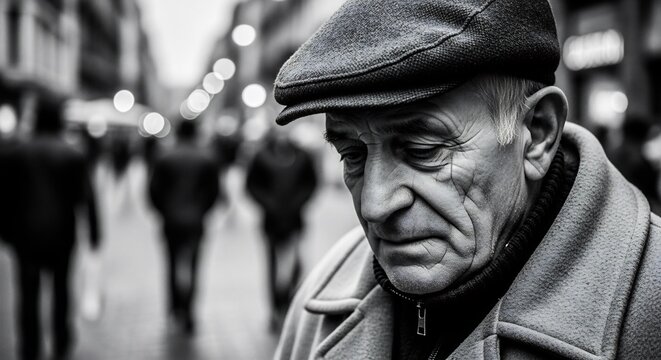 Thoughtful black and white portrait of an elderly man in a cap. Ideal for themes of aging, reflection, social issues, and mental health awareness campaigns.