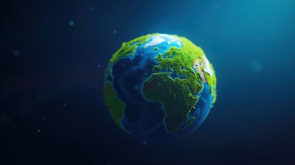  Vibrant Earth globe floating in space, showcasing continents with atmospheric lighting. 