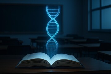 Digital Knowledge Concept: DNA Hologram Emerging from Open Book in Classroom