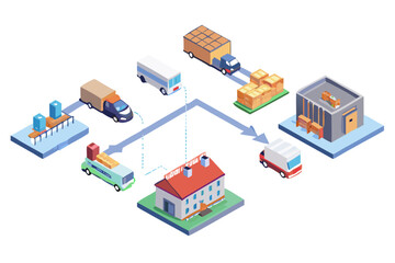 Fototapeta premium Isometric illustration depicting a complex logistics and supply chain network with various vehicles and buildings