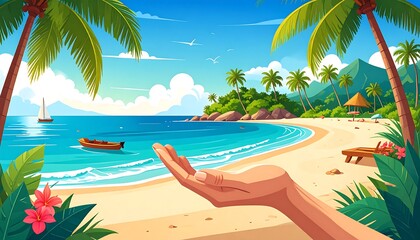 Tropical beach scene with open hand (1)