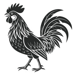 Detailed illustration of a proud rooster with intricate feather patterns and sharp details.