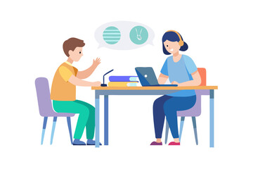 Boy and girl sitting at a table with a laptop and microphone