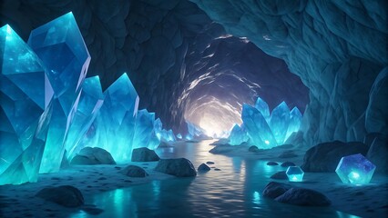 Ai generated image of deep sapphire crystal cave texture with glowing facets