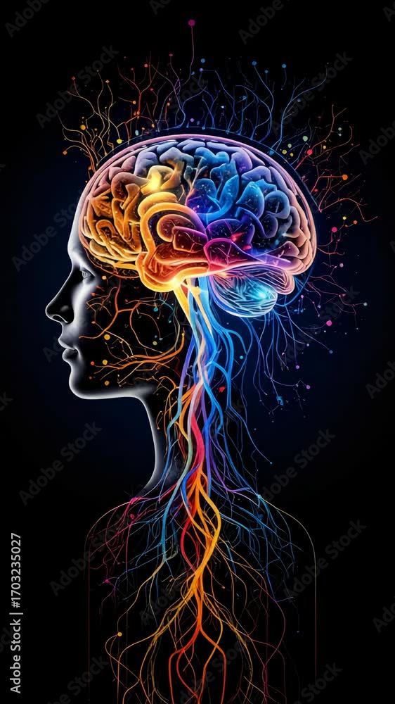 Poster abstract side view of a woman's head with illuminated brain connecting to multicolored nerve network
