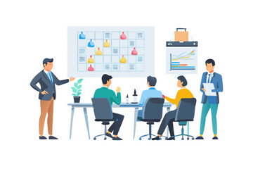 Business meeting illustration with team discussing project plan on whiteboard and calendar chart