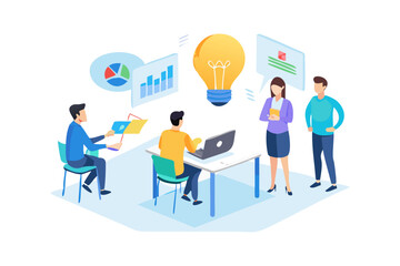 Team collaborating on a project with charts and a lightbulb representing an idea