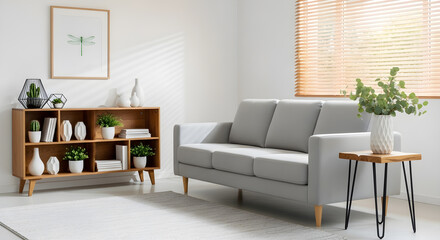 A bright and airy living room featuring a modern grey sofa, a wooden bookshelf filled with decorative items and plants, and a small side table with a vase of greenery.