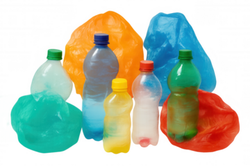 Discarded plastic bottles, floating bags symbolizing environmental contamination, revealing global pollution crisis on transparent surface