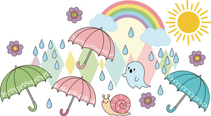 Whimsical spring rainy day vector with umbrellas, snails, rainbow, flowers, clouds, pastel colors, cartoon elements, sunshine and raindrops