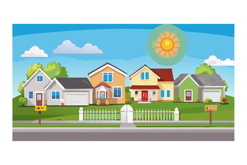 Naklejka premium A row of suburban houses with green lawns, white picket fence, and a bright sun in the blue sky