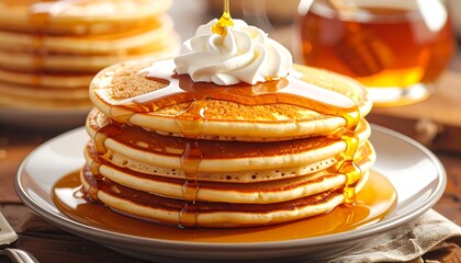 Stacked pancakes drizzled with syrup