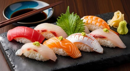 A delectable platter of traditional Japanese nigiri sushi featuring tuna, salmon, and shrimp, accompanied by soy sauce, chopsticks, ginger, and wasabi.