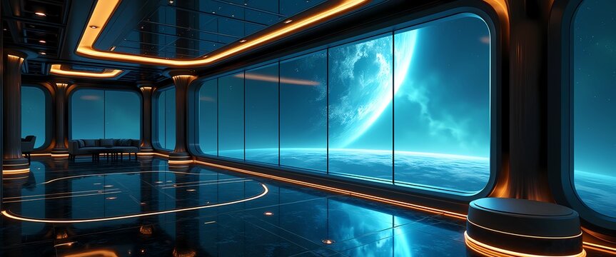 Futuristic spaceship observation lounge with panoramic cosmic window view showcasing Earth and glowing galaxies, cinematic interior design spaceship background 4k illustration