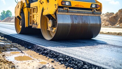 A yellow road roller is compacting freshly laid asphalt on a road construction site. The close-up shot shows the roller's drum pressing down on the new surface.
