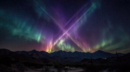 X-shaped cosmic auroras illuminate desert mountains, their intersecting beams creating quantum fractures in the sky.