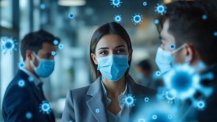 Business team discussing virus spread wearing masks in modern office is the new normal - Powered by Adobe