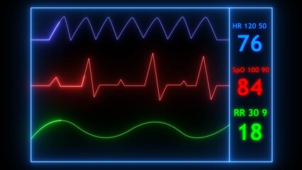 Medical monitor displaying heart rate oxygen saturation and respiration rate with glowing neon lines on black background
