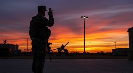 Fototapeta premium Sunset Salutation: A Soldier's Silhouette