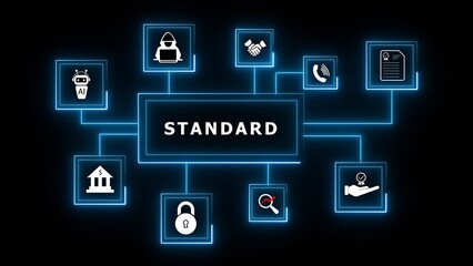 Network diagram with central word standard and surrounding icons representing ai bank handshake phone certificate lock magnifying glass and hand with medal