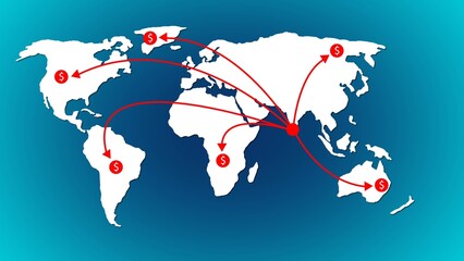 World map with red arrows showing global financial connections and dollar signs international finance