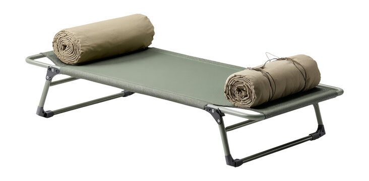 Camping Cot with Rolled Sleeping Bags on Transparent Background