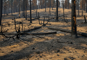 Burned forest landscape after wildfire with charred trees and dry grass