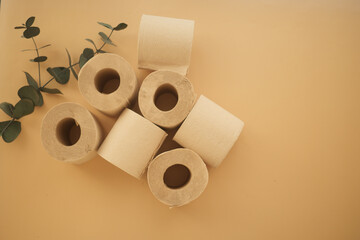 Natural toilet paper rolls arranged with greenery