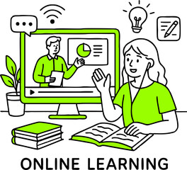 Flat design concept of online education, training and courses, learning, video tutorials. Vector illustration for website banner, marketing material, presentation template, online advertising.