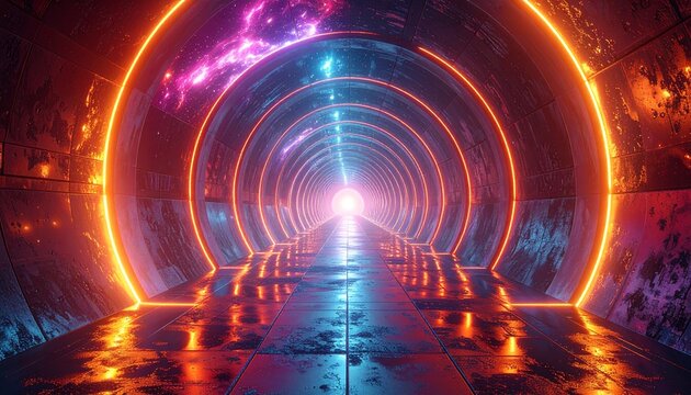 Neon tunnel with vibrant orange and blue lights.