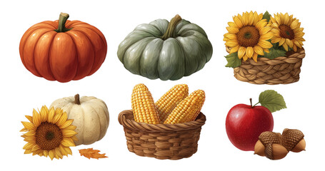Colorful Autumn Collection of Pumpkins, Sunflowers, and Harvest Vegetables