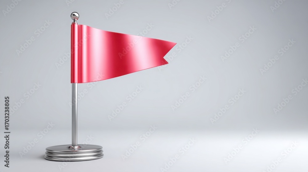 Poster striking red flag positioned on a silver stand representing a warning or alert in a professional env