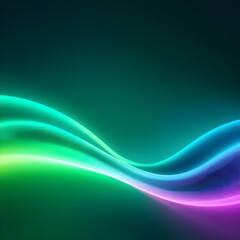 Futuristic neon background with smooth gradient blending emerald green, lime, and cyan, soft luminous waves creating modern abstract flow