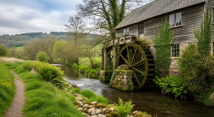 Obraz premium Rustic Watermill Building on Tranquil River, Rural Landscape Scenery