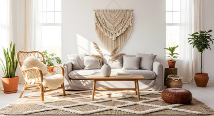 Bohemian living room with natural textures and plants, featuring a macrame wall hanging and rattan furniture.