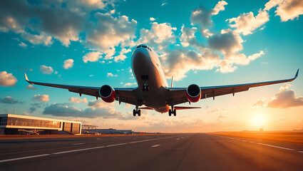 capturing a modern airport terminal interior with a large glass window overlooking the tarmac.