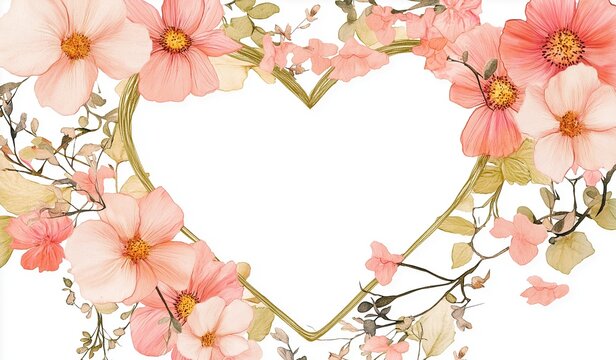 Heart-shaped frame made of delicate pink flowers and golden leaves surrounded by soft pastel colors on isolated white background with romantic watercolor floral elements for warm atmosphere