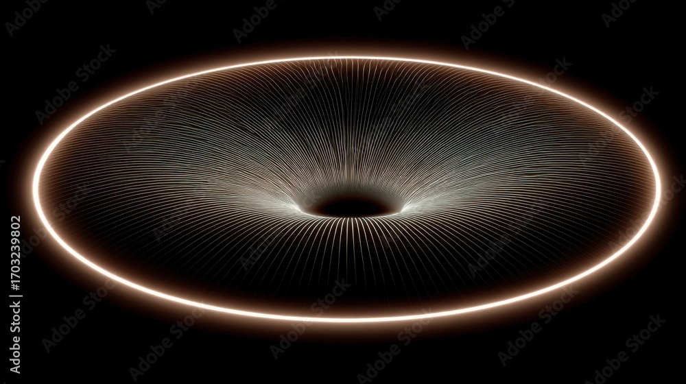 Poster circular object emitting light positioned artistically to evoke modern design sensibilities and crea