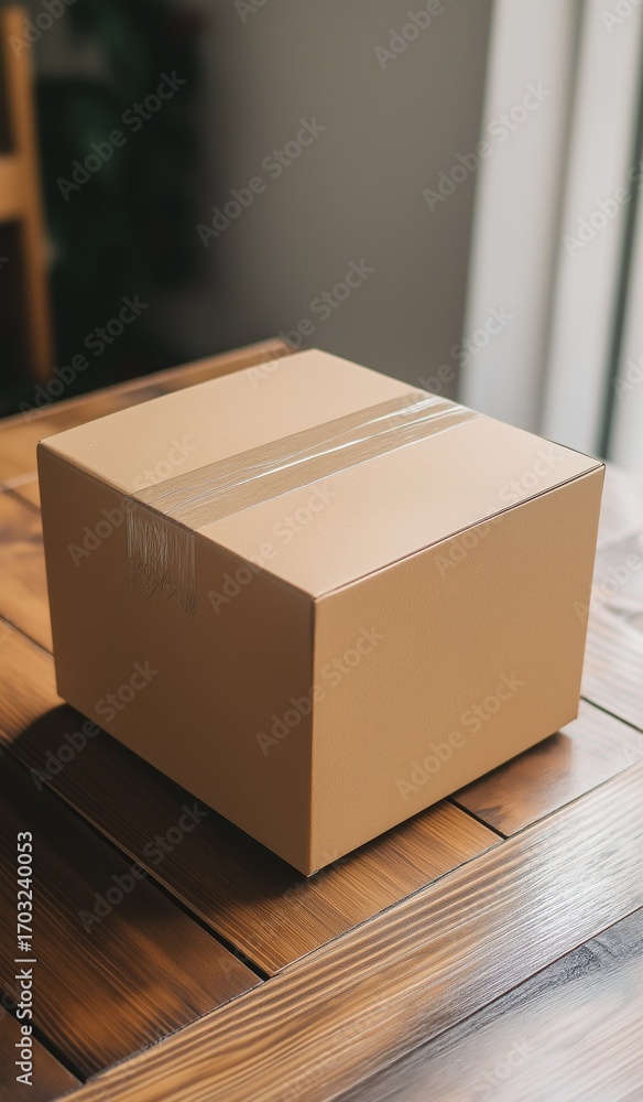 Poster plain cardboard box placed on table for packaging and delivery services concept showcasing shipping 