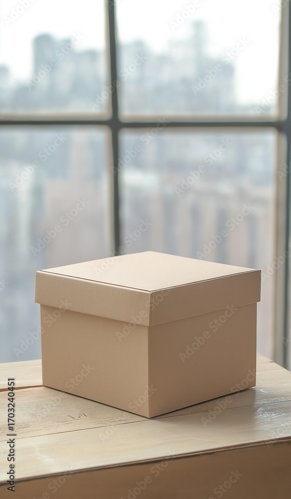 Aufkleber a beige cardboard box with lid sits on table with window background and cityscape visible outside gl