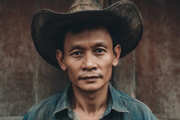 Serious Middle-Aged Cowboy Man in Hat: A Rustic, Vintage Urban Portrait with a Touch of Western Culture and Realism