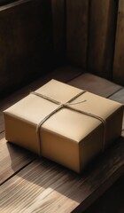 Elegant beautifully wrapped package on wooden surface with sunlight casting soft shadows conveying essence of luxury and care in delivery with rustic charm
