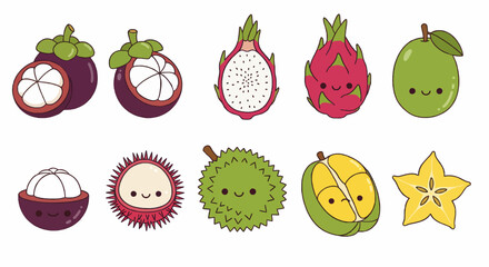 A charming collection of cute kawaii tropical fruits. Set of cartoon characters including durian, mangosteen, dragon fruit, and star fruit icons