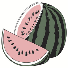 Illustration of a whole watermelon and two slices showing the pink flesh and black seeds.