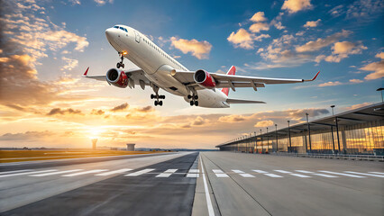 Obraz premium capturing a modern airport terminal interior with a large glass window overlooking the tarmac.