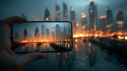 Hand holding smartphone capturing illuminated city skyline at dusk technology