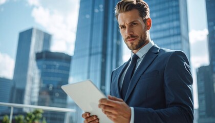 Businessman in modern suit using tablet outdoors with glass skyscraper and city skyline background, professional corporate lifestyle.