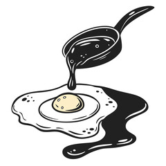 Frying pan pouring dark liquid onto a fried egg illustration.