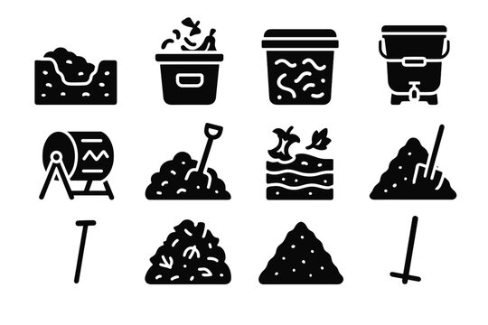 Collection icon composting stick composter vector aeration icons set large household leaf